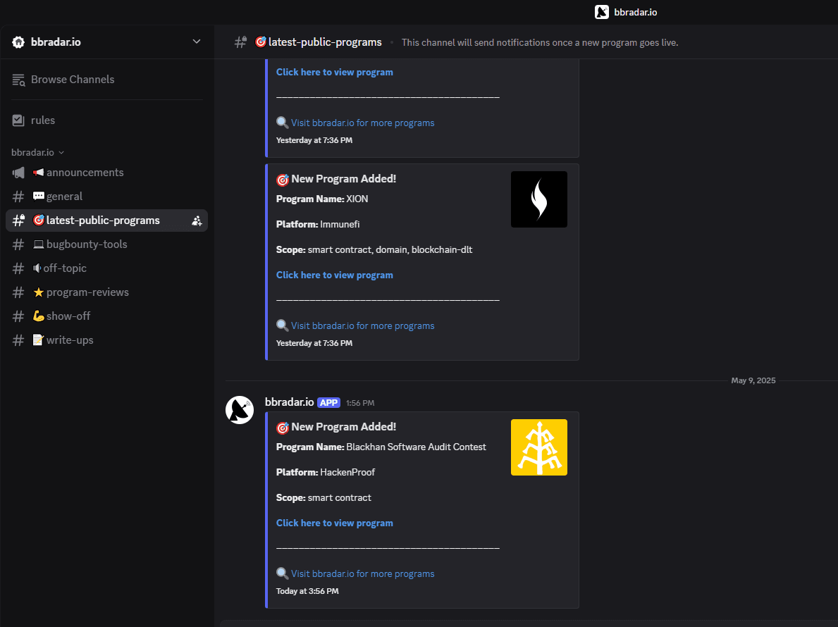 Discord channel screenshot: #latest-public-programs